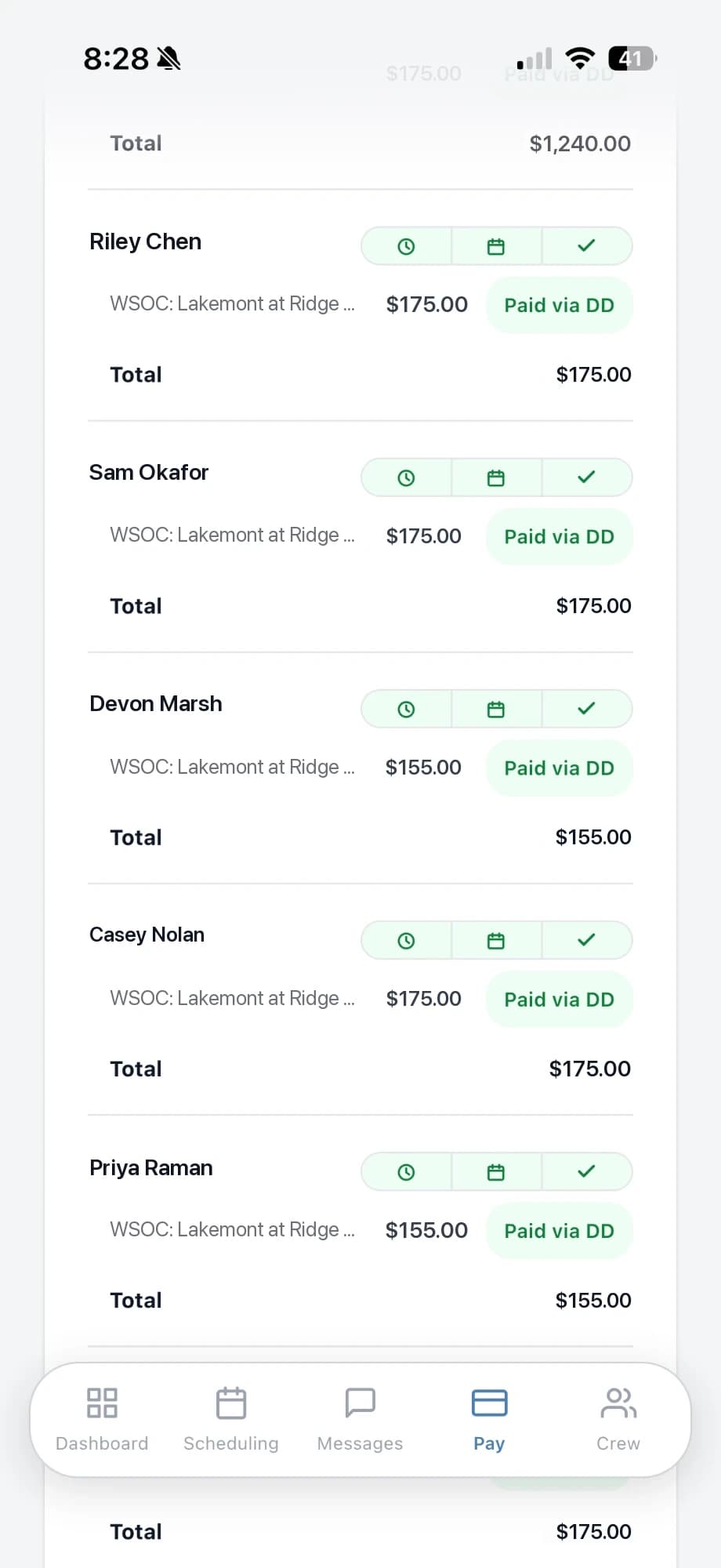 Per-person pay for each event worked, with payment status